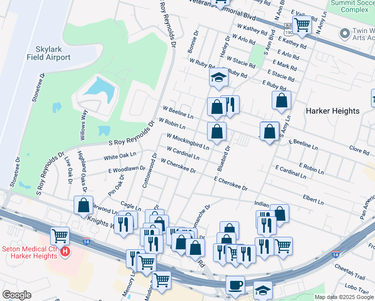 map of restaurants, bars, coffee shops, grocery stores, and more near 1520 Harley Drive in Harker Heights