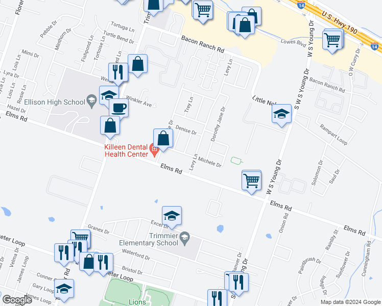 map of restaurants, bars, coffee shops, grocery stores, and more near 3615 Levy Lane in Killeen