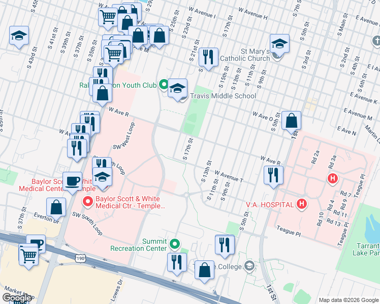 map of restaurants, bars, coffee shops, grocery stores, and more near 1911 South 15th Street in Temple