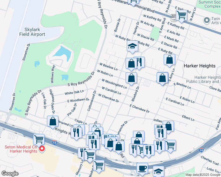 map of restaurants, bars, coffee shops, grocery stores, and more near 1520 Harley Drive in Harker Heights