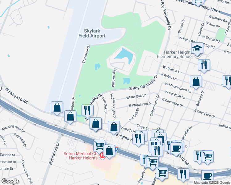 map of restaurants, bars, coffee shops, grocery stores, and more near 501 South Roy Reynolds Drive in Harker Heights