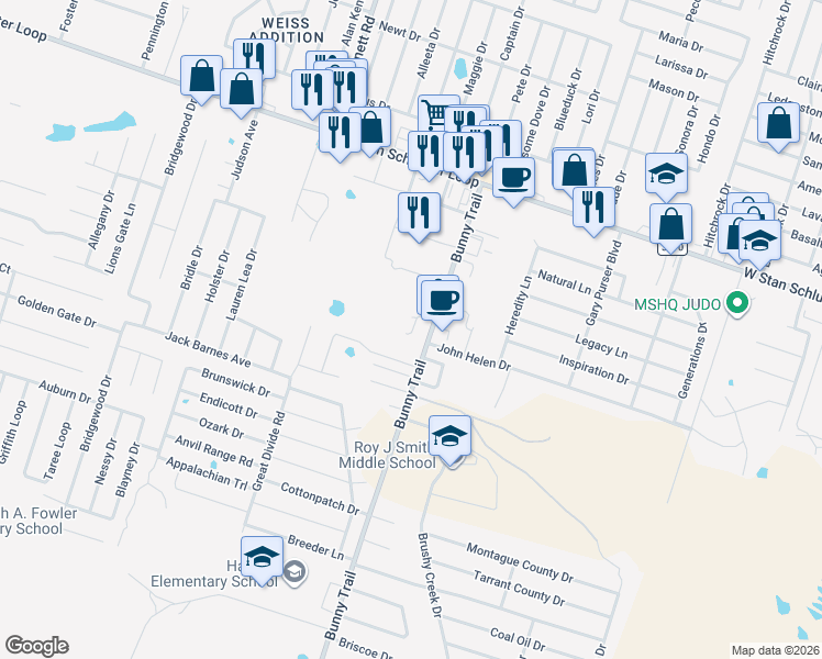 map of restaurants, bars, coffee shops, grocery stores, and more near 5505 Bunny Trail in Killeen