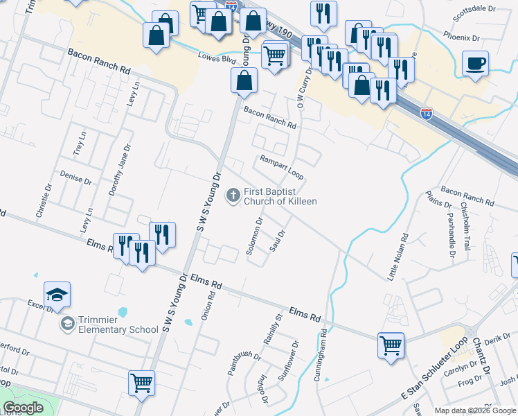 map of restaurants, bars, coffee shops, grocery stores, and more near 2704 David Drive in Killeen