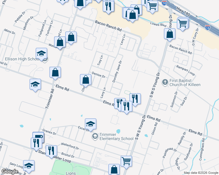 map of restaurants, bars, coffee shops, grocery stores, and more near 1706 Michele Drive in Killeen