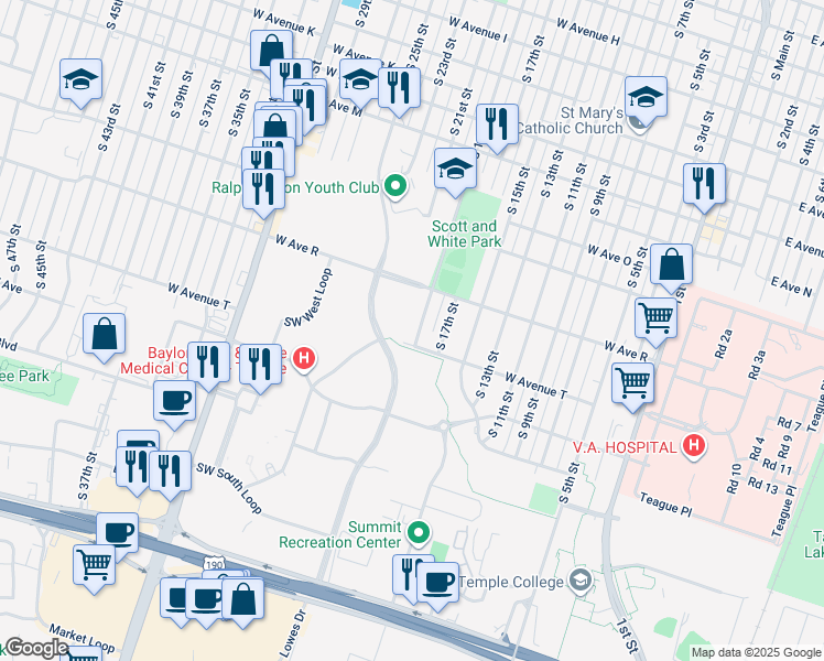 map of restaurants, bars, coffee shops, grocery stores, and more near 1914 South 19th Street in Temple