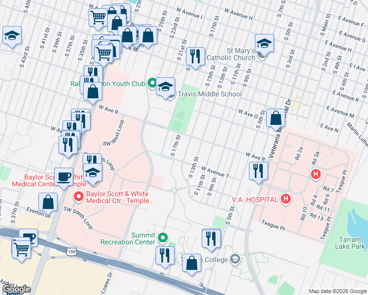map of restaurants, bars, coffee shops, grocery stores, and more near 1911 South 15th Street in Temple