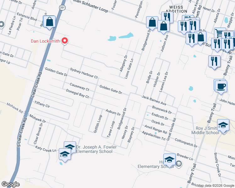map of restaurants, bars, coffee shops, grocery stores, and more near 4408 Sydney Harbour Court in Killeen