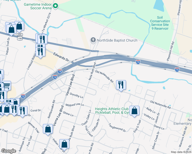 map of restaurants, bars, coffee shops, grocery stores, and more near 641 Central Texas Expressway in Nolanville