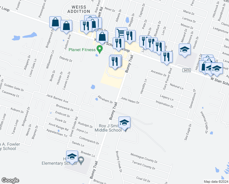 map of restaurants, bars, coffee shops, grocery stores, and more near 5504 Bunny Trail in Killeen