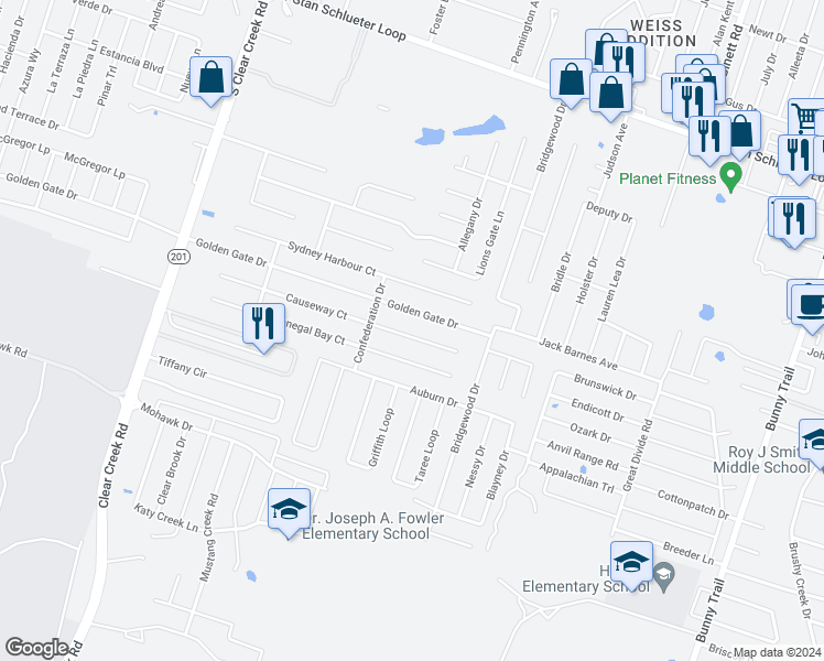 map of restaurants, bars, coffee shops, grocery stores, and more near 4611 Causeway Court in Killeen