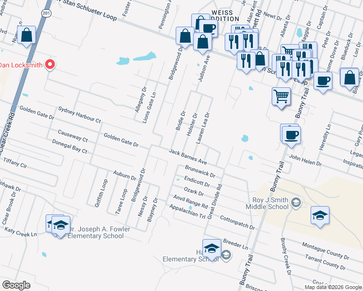 map of restaurants, bars, coffee shops, grocery stores, and more near 5406 Holster Drive in Killeen