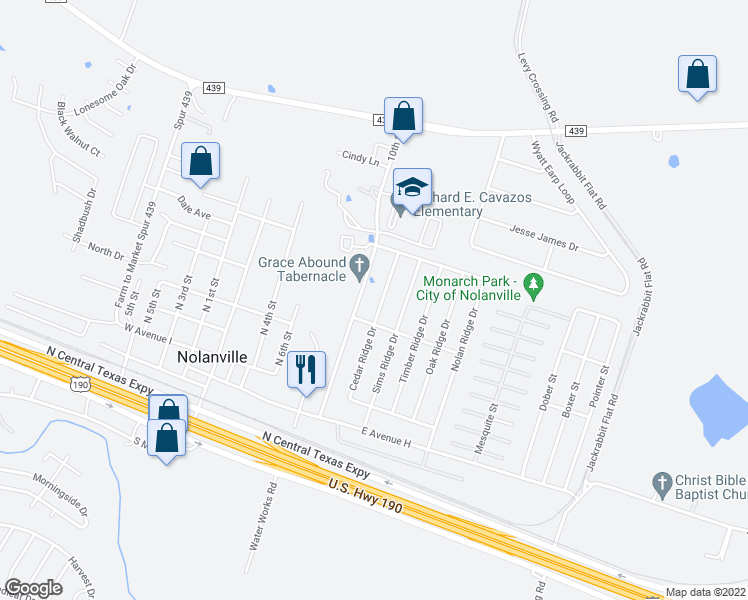 map of restaurants, bars, coffee shops, grocery stores, and more near 312 10th Street in Nolanville