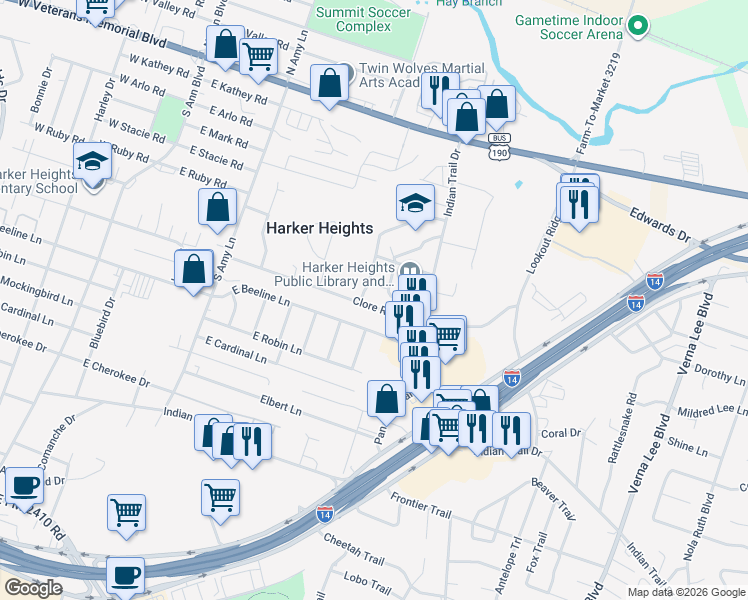 map of restaurants, bars, coffee shops, grocery stores, and more near 402 Indian Trail in Harker Heights