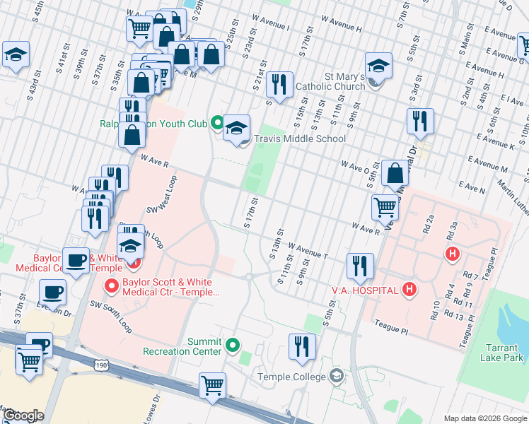 map of restaurants, bars, coffee shops, grocery stores, and more near in Temple