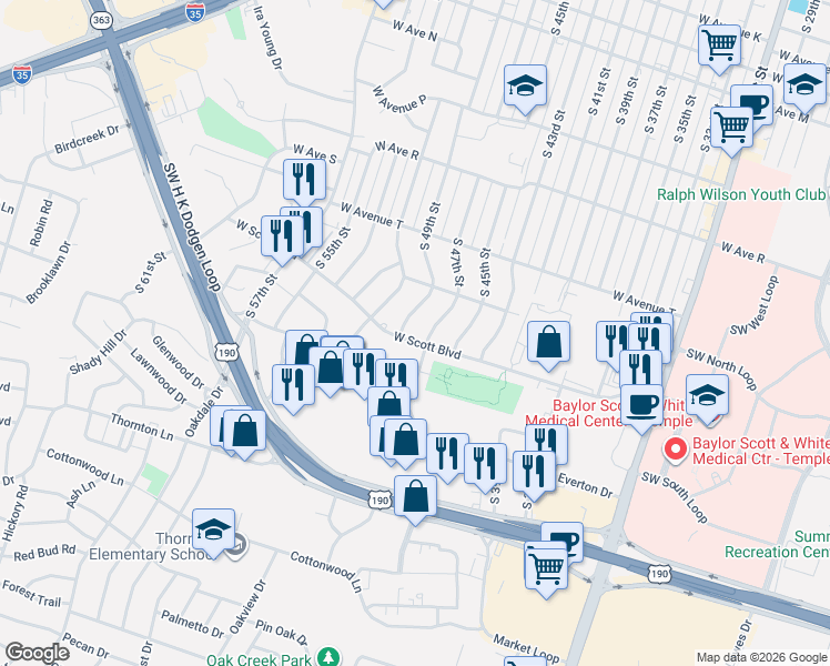 map of restaurants, bars, coffee shops, grocery stores, and more near 2221 South 49th Street in Temple