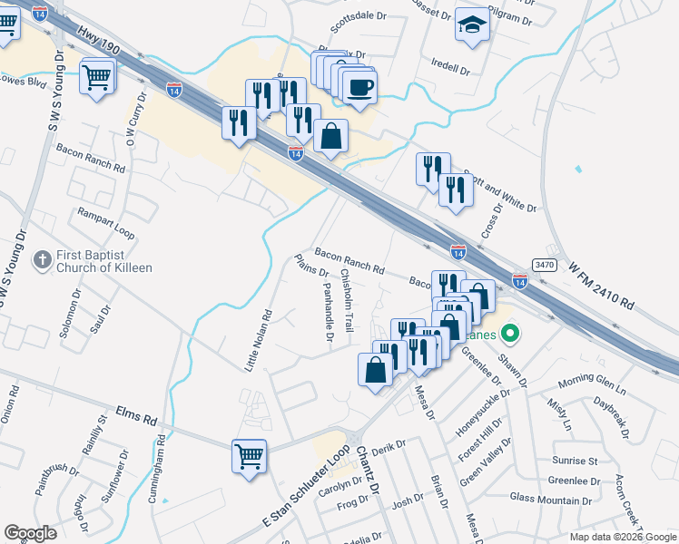 map of restaurants, bars, coffee shops, grocery stores, and more near 3514 Bacon Ranch Road in Killeen