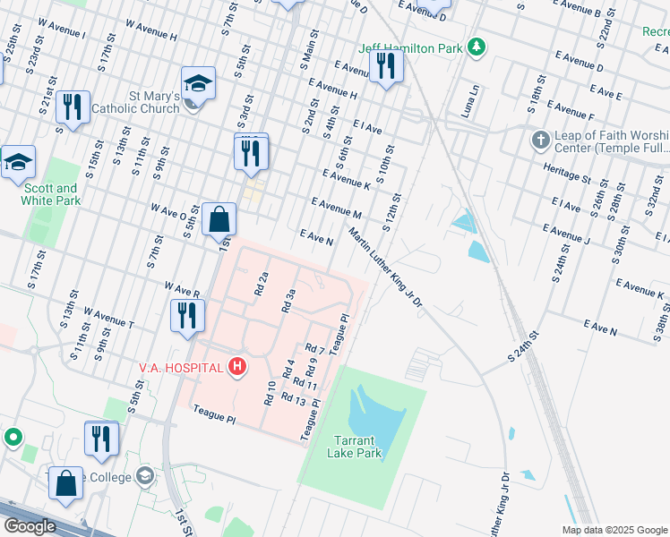 map of restaurants, bars, coffee shops, grocery stores, and more near 1403 South 8th Street in Temple