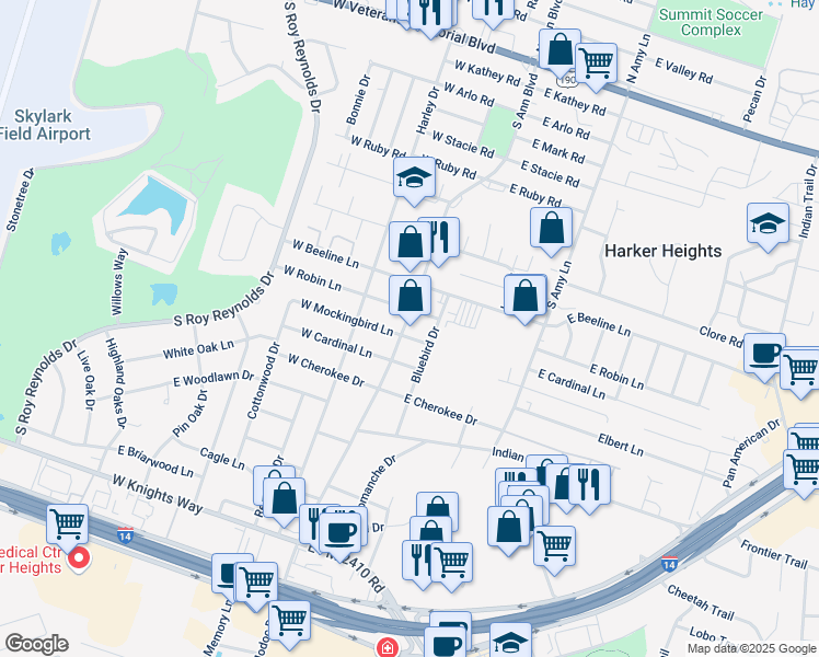 map of restaurants, bars, coffee shops, grocery stores, and more near 100 West Robin Lane in Harker Heights