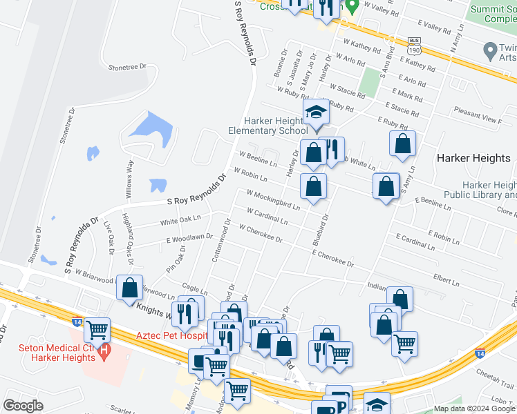 map of restaurants, bars, coffee shops, grocery stores, and more near 207 West Mockingbird Lane in Harker Heights