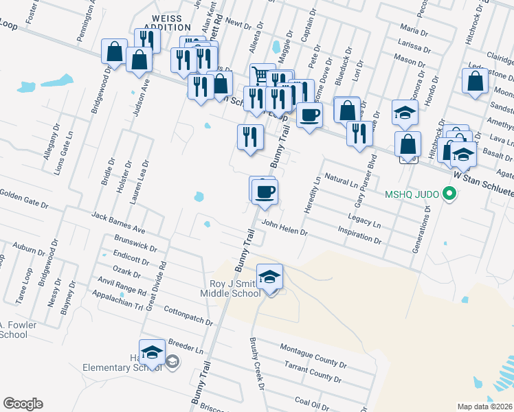 map of restaurants, bars, coffee shops, grocery stores, and more near 5605-5-5605-9 Bunny Trail in Killeen