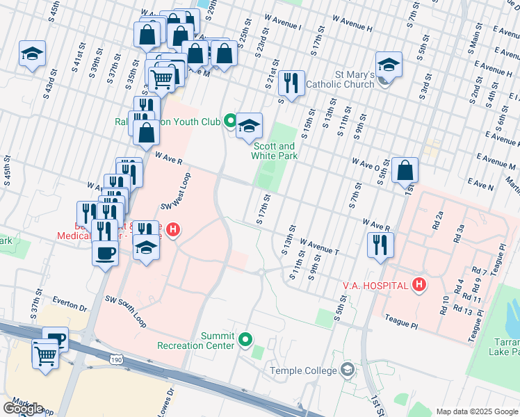 map of restaurants, bars, coffee shops, grocery stores, and more near 1809 South 19th Street in Temple