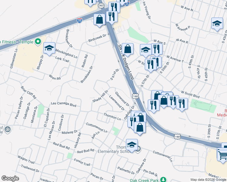 map of restaurants, bars, coffee shops, grocery stores, and more near 3310 Shady Hill Drive in Temple