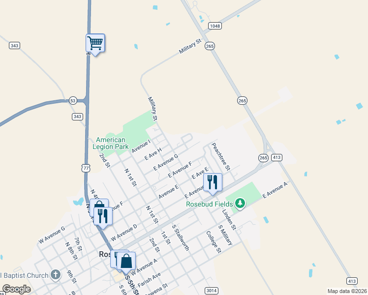 map of restaurants, bars, coffee shops, grocery stores, and more near 518 East Avenue G in Rosebud