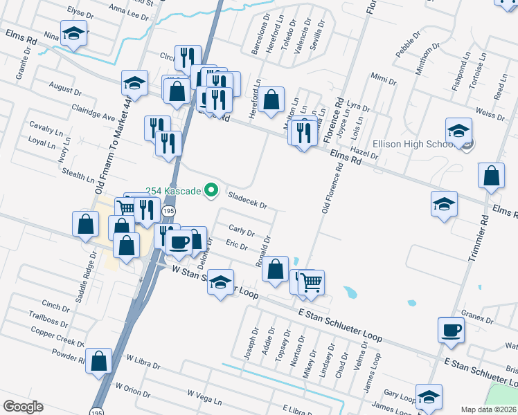 map of restaurants, bars, coffee shops, grocery stores, and more near 406 Sladecek Drive in Killeen
