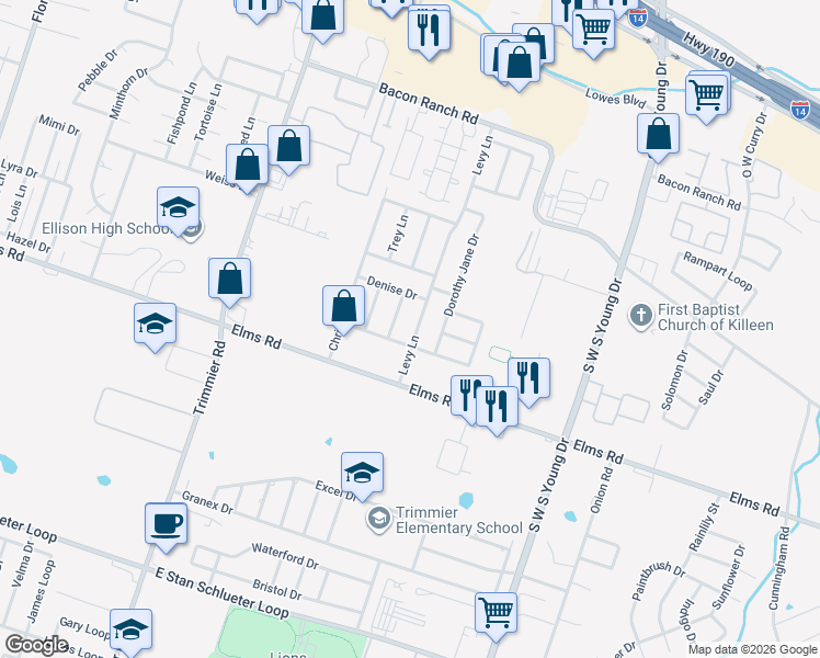 map of restaurants, bars, coffee shops, grocery stores, and more near 3604 Levy Lane in Killeen
