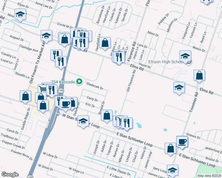 map of restaurants, bars, coffee shops, grocery stores, and more near 302 Sladecek Drive in Killeen