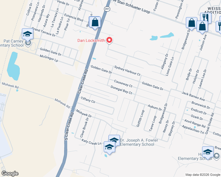 map of restaurants, bars, coffee shops, grocery stores, and more near 5201 Donegal Bay Court in Killeen