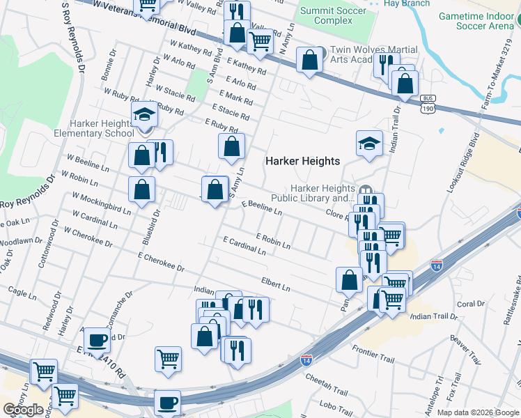 map of restaurants, bars, coffee shops, grocery stores, and more near 218 Clore Road in Harker Heights