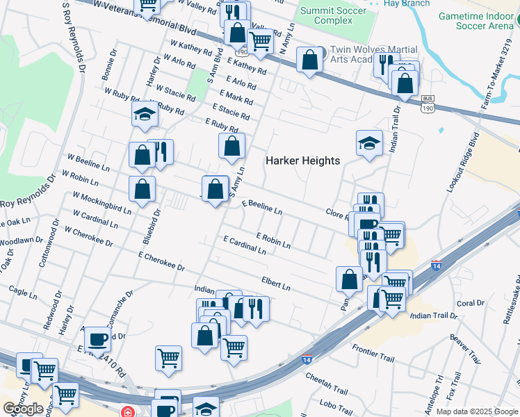 map of restaurants, bars, coffee shops, grocery stores, and more near 218 Clore Road in Harker Heights