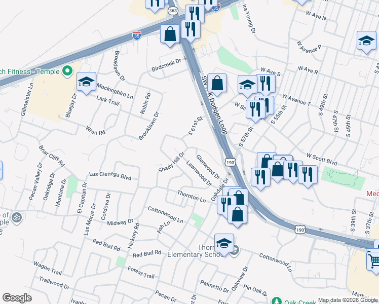 map of restaurants, bars, coffee shops, grocery stores, and more near 3310 Shady Hill Drive in Temple