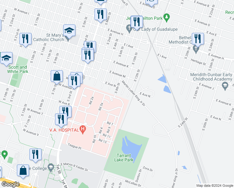 map of restaurants, bars, coffee shops, grocery stores, and more near 1413 Martin Luther King Junior Lane in Temple
