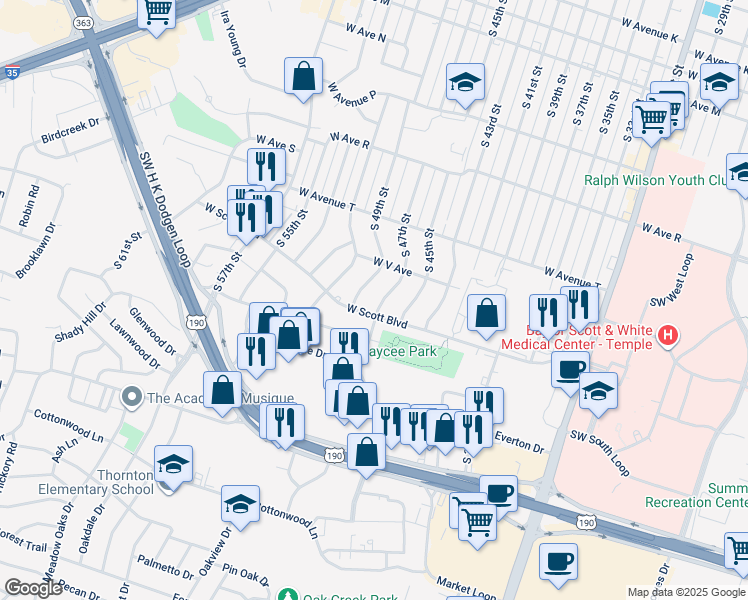 map of restaurants, bars, coffee shops, grocery stores, and more near 2221 South 49th Street in Temple