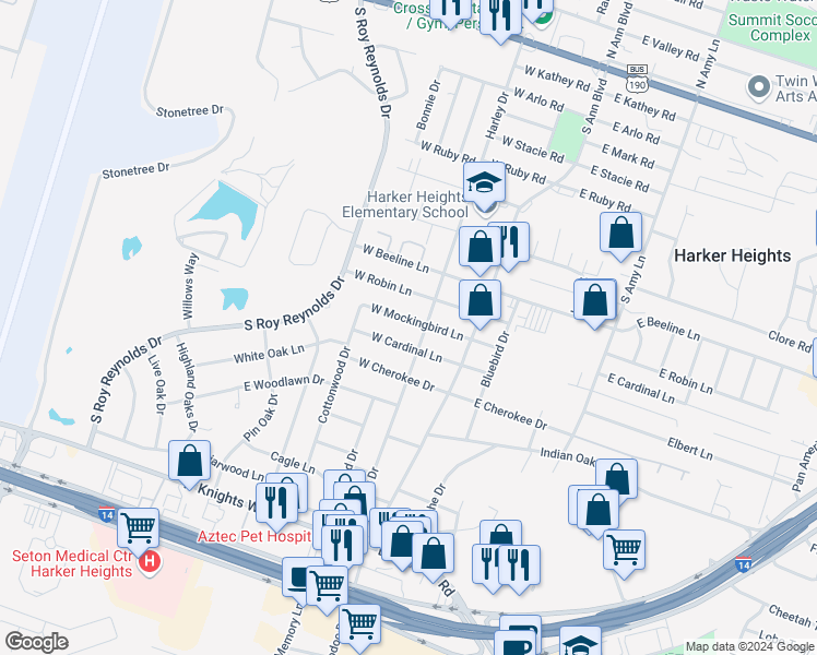 map of restaurants, bars, coffee shops, grocery stores, and more near 207 West Mockingbird Lane in Harker Heights