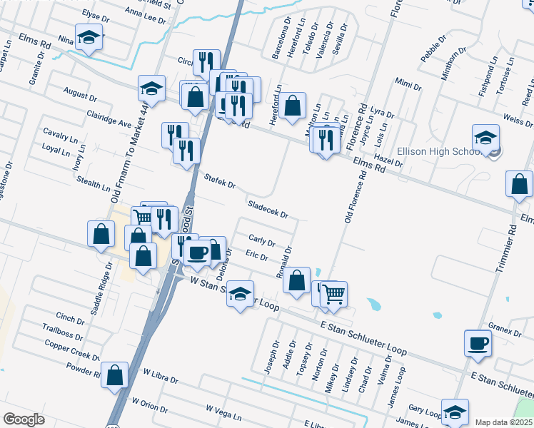 map of restaurants, bars, coffee shops, grocery stores, and more near 406 Sladecek Drive in Killeen