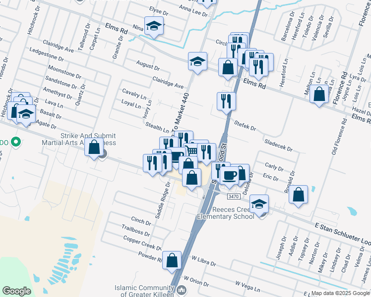map of restaurants, bars, coffee shops, grocery stores, and more near 1112 Horizon Drive in Killeen