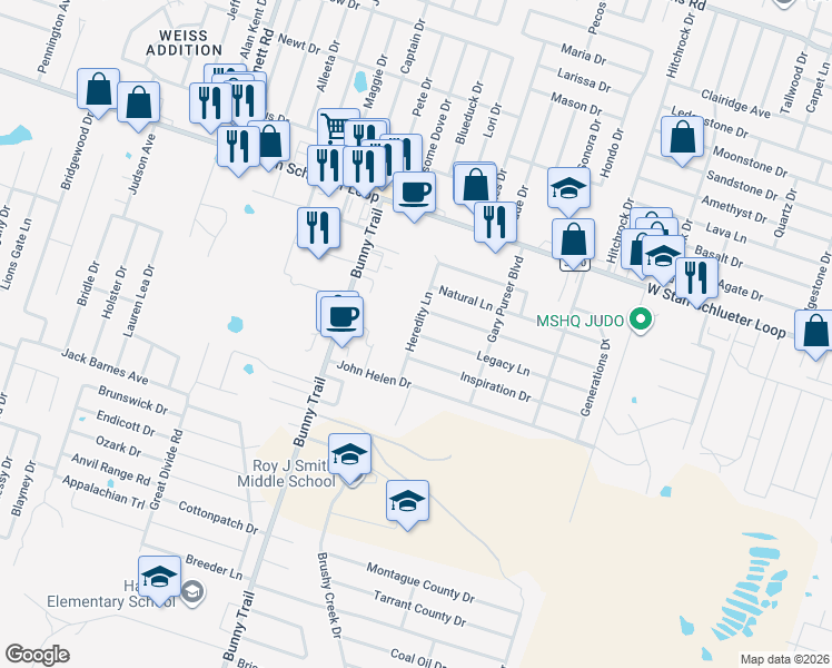 map of restaurants, bars, coffee shops, grocery stores, and more near Legacy Lane in Killeen