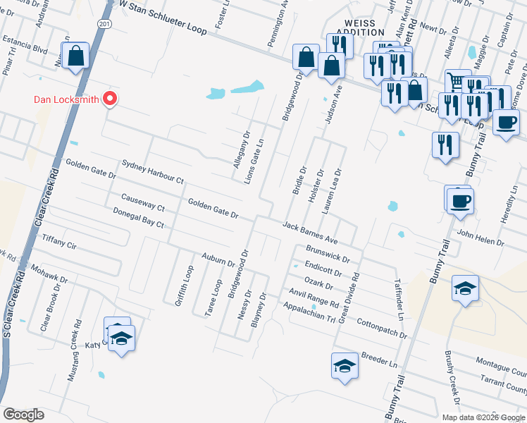map of restaurants, bars, coffee shops, grocery stores, and more near 5412 Bridgewood Drive in Killeen