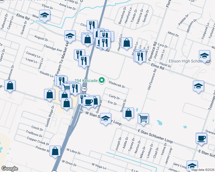 map of restaurants, bars, coffee shops, grocery stores, and more near 605 Sladecek Drive in Killeen