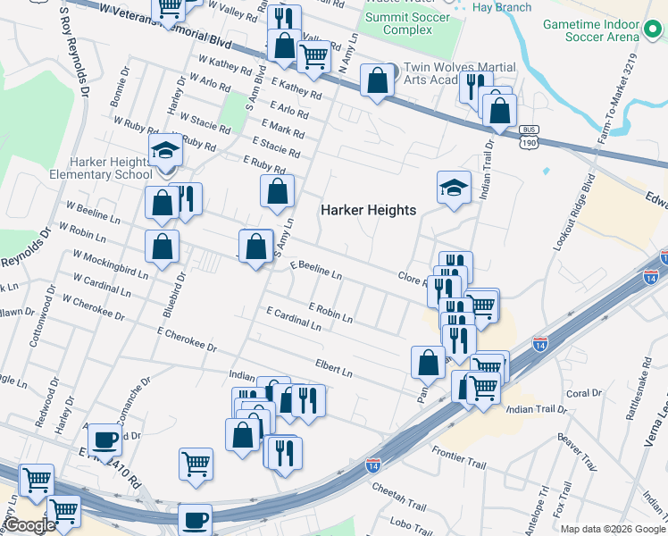 map of restaurants, bars, coffee shops, grocery stores, and more near 218 Clore Road in Harker Heights