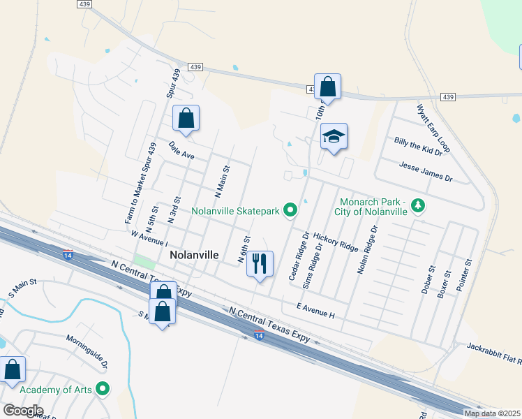 map of restaurants, bars, coffee shops, grocery stores, and more near 511 6th Street in Nolanville