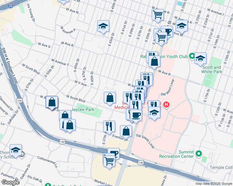 map of restaurants, bars, coffee shops, grocery stores, and more near 2012 South 31st Street in Temple