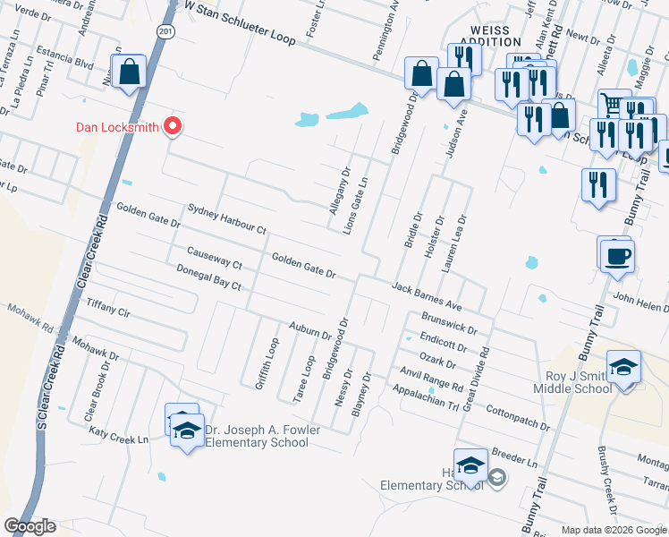 map of restaurants, bars, coffee shops, grocery stores, and more near 4408 Sydney Harbour Court in Killeen