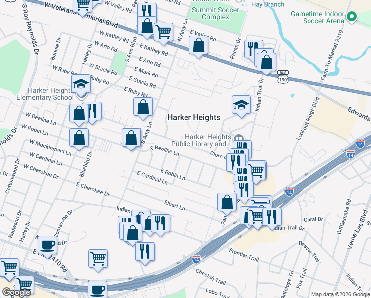 map of restaurants, bars, coffee shops, grocery stores, and more near 326 Clore Road in Harker Heights
