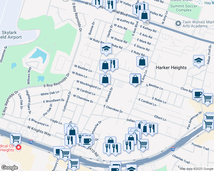 map of restaurants, bars, coffee shops, grocery stores, and more near 100 West Robin Lane in Harker Heights