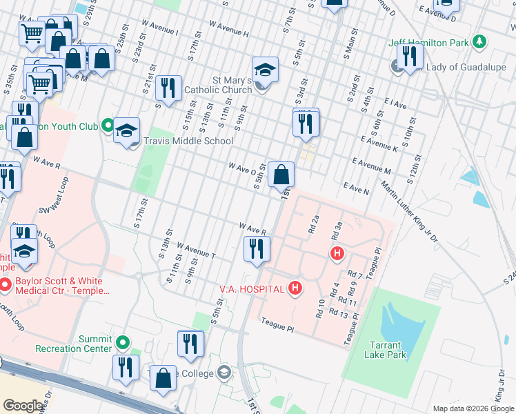 map of restaurants, bars, coffee shops, grocery stores, and more near 1614 South 5th Street in Temple