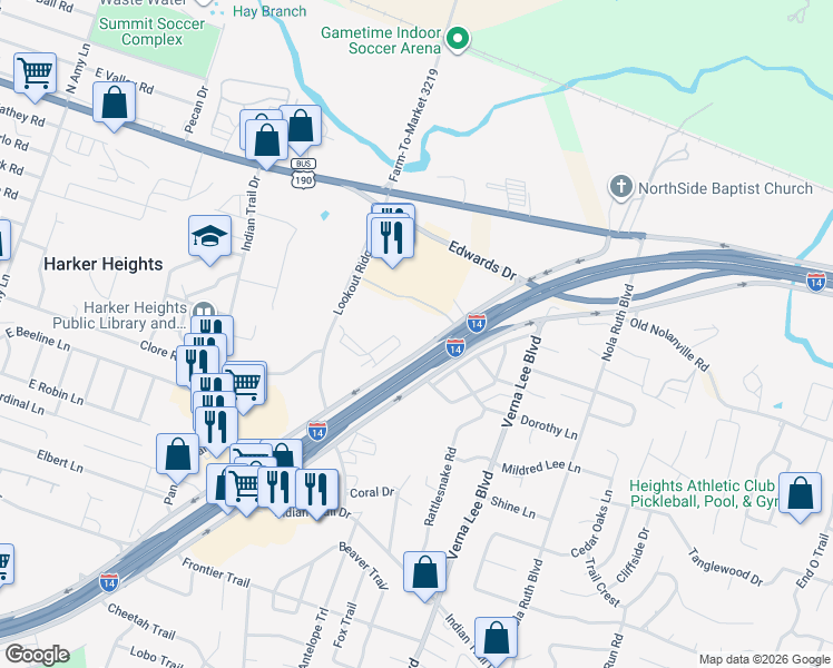map of restaurants, bars, coffee shops, grocery stores, and more near 701 E Central Texas Exp* in Harker Heights